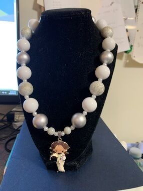 White and Silver Beaded Necklace with Charm